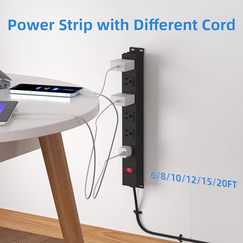 Image of 6 Outlet Power Strip with Wide Spaced and 10FT Power Cord,Wall Mount Metal Industrial Power Strip Heavy Duty for Commercial,Garage,School and Home,15A 125V 1875W,Black(10FT)