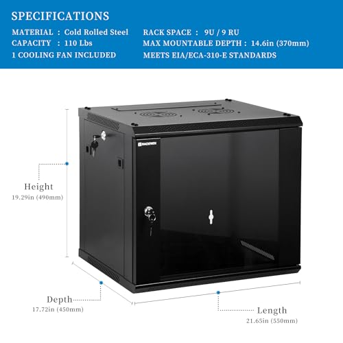 Image of RackPath 9U Wall Mount Network Rack Cabinet - Quiet Cooling Fan, Locking Glass Door, 17.7 inch Deep (450mm), Removable Locking Side Panels, Fits 19 inch IT & A /V Equipment