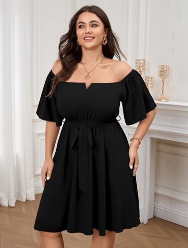 Image of SCOMCHIC Womens Plus Size Cocktail Dress Summer Off Shoulder Short Sleeve Flowy Ruffle A-Line Cute Mini Dress with Belt