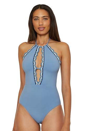 Lucky Brand Women's Standard Malaga Crochet Trim High Neck One Piece Swimsuit, Adjustable, Bathing Suits, Wisteria