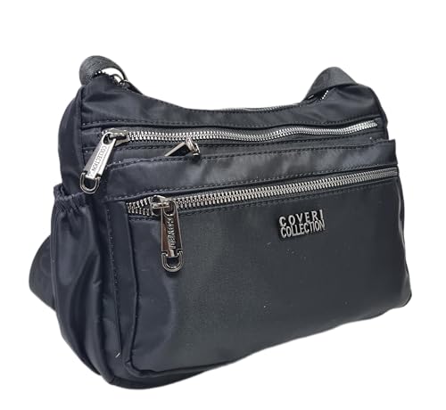 COVERI COLLECTION Bolso bandolera de nailon, 3 compartimentos, ligero, múltiples bolsillos con cremallera, art. 5050-4 Dimensiones 26 x 20 x 10 cm, Negro , 26 cm