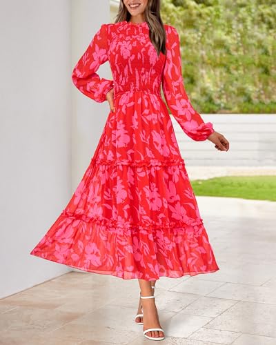 Image of NOLLSOM Women 2026 Spring Dress Floral Boho Dress Casual Long Sleeve Crew Neck Ruffle A-Line Flowy Wedding Guest Maxi Dresses