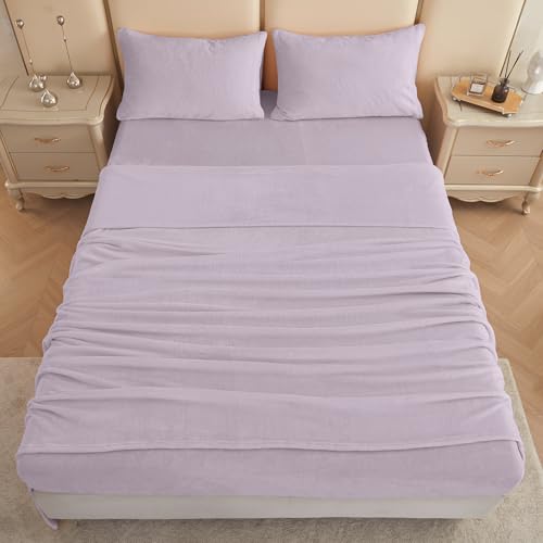 Image of Viviland Plush Microfleece Full Bed Sheet Set, Violet /Lavender | Soft Flannel-like Fleece, 100% Polyester, Fluffy Velvety Feel, 200GSM, 15 inch Deep Pocket, Warm Winter Gift & Decor