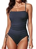 Aleumdr Women's One Piece Swimsuit Ribbed Tummy Control Bathing Suit High Cut Tie Side Monokini Swimwear Navy Blue Medium