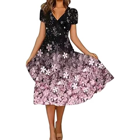 Summer Dresses Women's Short Sleeve Casual V-Neck Floral Print A-line Dress Midi Dress Party Dress Casual Dress Beach Dresses, A pink, S Cover