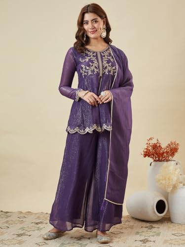 Image of MOKOSH Women's Silk Embroidered Peplum Kurta Sharara with Dupatta | Kurta Set | Ethnic Wear |Round Neck Full Sleeve Kurta | 3 Piece Outfit |Embroidered