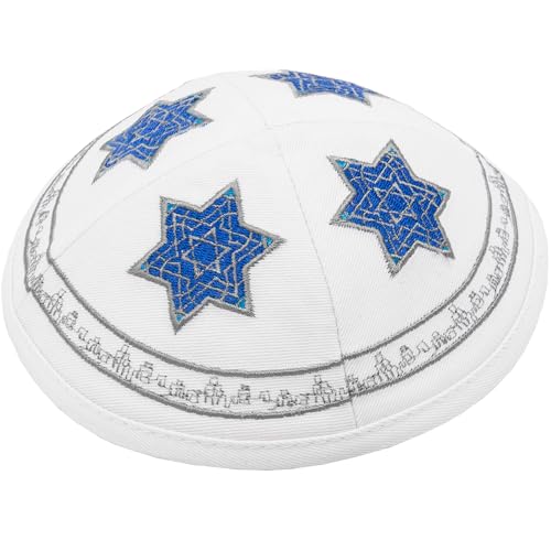 HolYudaica Hq 19cm Cotton Kippah with Silver&Blue Star of David Embroidery for Men & Boys, Yamaka Hat from Israel (White Base)