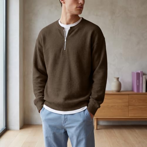 Waffle Quarter Zip Pullover Men 1/4 Zip 2 in 1 Faux Layered Plain Tshirt - image 2