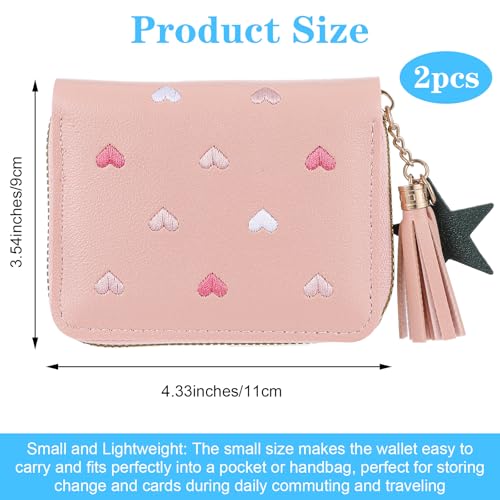 2 PCS Wallets for Girls, Small PU Leather Girls Wallets for Kids 6-8 with Zipper and Card Slots, Cute Credit Card Holder with Heart-embroidery Star Tassels Pendant for Kids Women (Blue, Pink)2