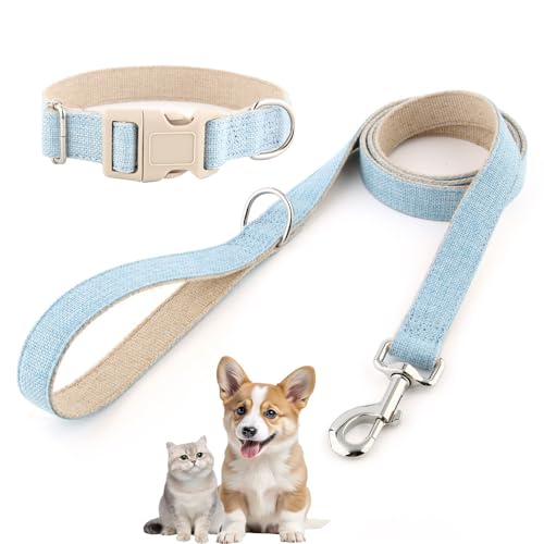 Set con collare e guinzaglio per cani in cotone e canapa, collare regolabile per cani di taglia piccola, media e grande, resistente e morbido sulla pelle (azzurro, XS)