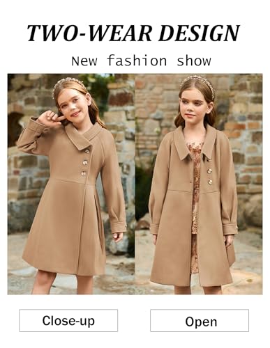 Image of GRACE KARIN Girls Dress Coat Kids Wool Lapel Long Button Jackets Fall Winter Outerwear Peacoat with Pockets 5-12Y