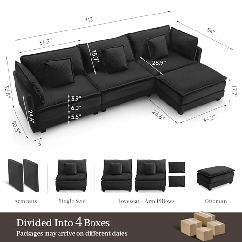 Image of Corduroy Sectional Couch, 3 Seater 113 inch L Shaped Cloud Couch with Ottoman, Modular Deep Seat Sofa with Pillows for Living Room, Apartment, Black