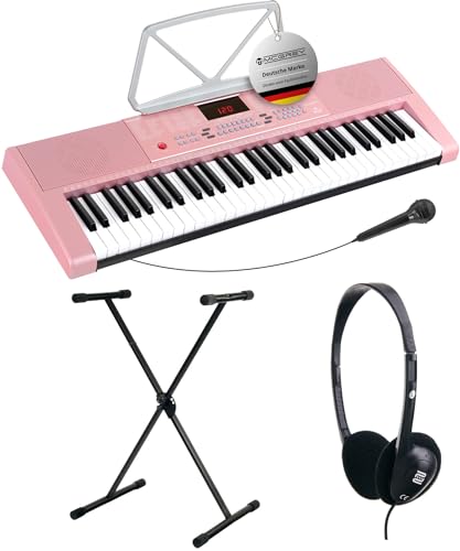 McGrey LK-6120-MIC Set Clavier – Clavier Pour Débutants Avec 61 Touches Lumineuses – 255 Sons Et 255 Rythmes – 50 Morceaux Démo – Micro Inclus – Pack Économique Avec Pied X Et Casque – Rose