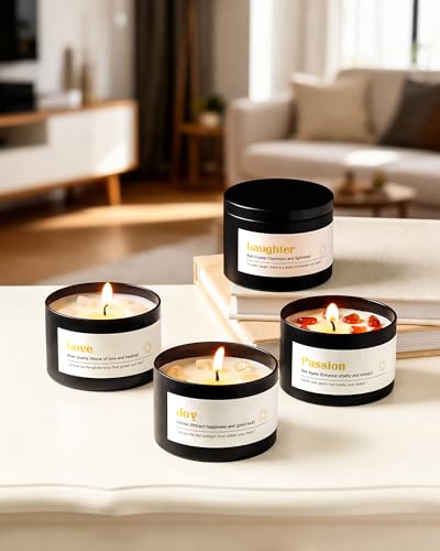 AOOVOO Crystal Love Candles Set for Women - 4 Pack 26 oz Soy Wax Candles for Home Scented, 200 Hour Long Lasting Candle, Laughter Red Crystal/Love Rose Quartz/Joy Citrine/Passion Red Quartz