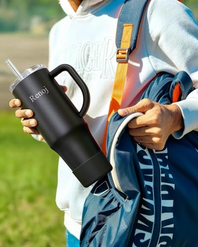 Image of Renoj Insulated Mug 100% Spill Resistant Insulated Water Bottle for Iced Coffee & Hot Drinks - Fits Car Cup Holder, Ideal Gift, 2 Straws & Silicone Boot - FlexSlide White 40 oz