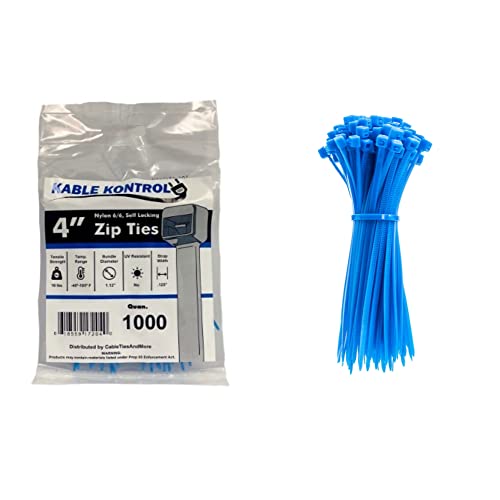 Image of Kable Kontrol Blue Zip Ties - 4 inch Inch Long - 18 Lbs Tensile Strength - 1000 Pcs /Pack - Colored Nylon - Multi-purpose - Wire Identification Solution - Self-Locking Cable Management Cord Wraps