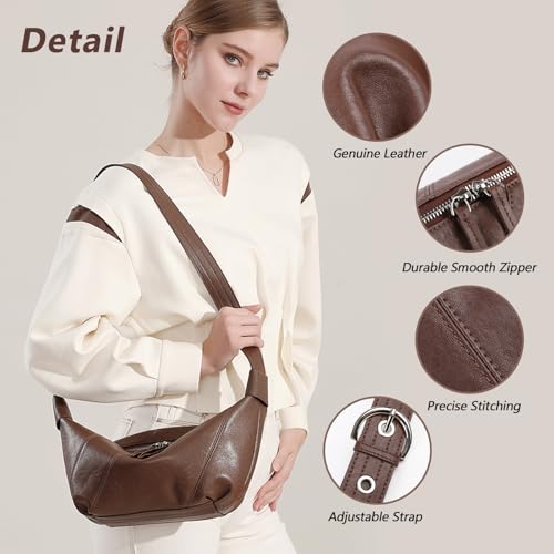 Image of MFFOR Genuine Leather Hobo Bags for Women, Crescent Bag Crossbody | Designer handbag, 9.8*3.9*7inch, Slouchy shoulder purse, Adjustable strap, Daily life
