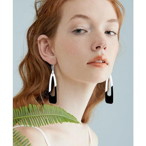 REELMAR Black and White Acrylic Earrings for Women Dangle Trendy Long Water Drop Two Tone Earrings Fashion Geometric Acrylic Statement Earrings Boho Bohemian Lightweight Jewelry3