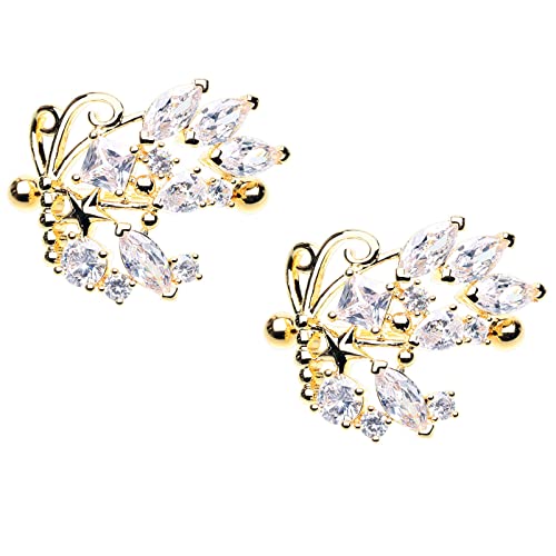 14GA Stainless Steel CZ Crystal Cluster Butterfly Nipple Shields, Sold as a Pair (Gold Tone)