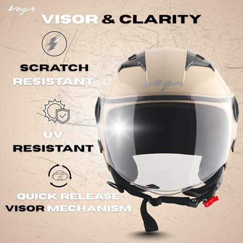 Image of Vega VO-05 Clark ISI Certified Open Face Motorcycle Helmet with High-Impact ABS Shell, UV-Resistant Scratch-Resistant Visor, Comfortable Breathable Inner Padding & Secure Fit - Ivory - L