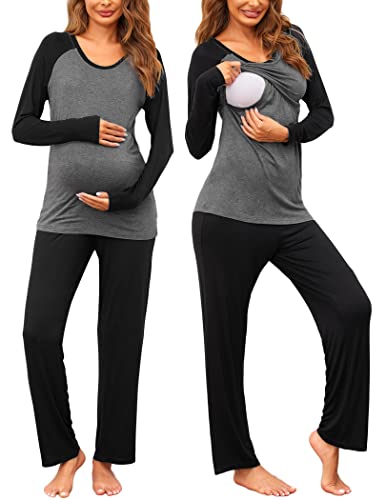 Ekouaer Conjunto de Pijama de Maternidad para Mujer, Ropa de Maternidad de Manga Larga para el Embarazo Gris Negro L