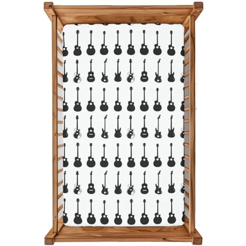 Image of Music Theme Fitted Mini Crib Sheets,24"x 38" Soft & Breathable Baby Bedding - Compatible with Cribs and Toddler Beds, Easy to Clean & Long-Lasting,Cartoon Musical Instruments Pattern &Black White