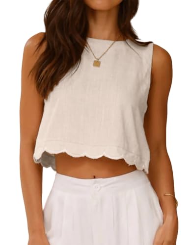 IDEALSANXUN Womens High Neck Linen Tank Tops Spring Summer Scallop Hem Cropped Sleeveless Shirts Blouses