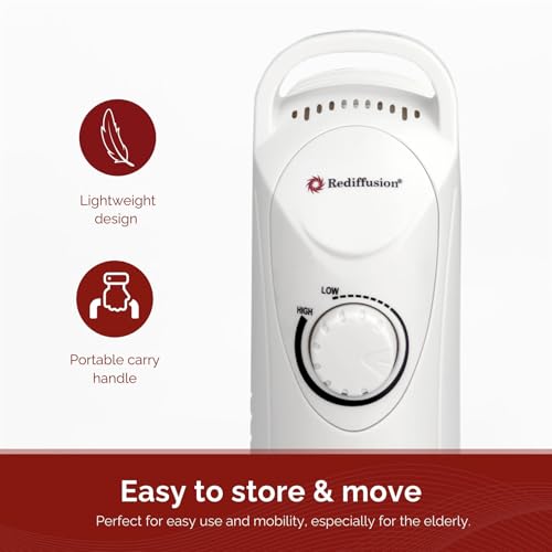 Rediffusion Oil Filled Radiator, 650W, 5 Fin, Adjustable Thermostat, Compact & Portable, Overheat Protection, Rapid Heat Convection Technology, White - REDB125A - Image 4