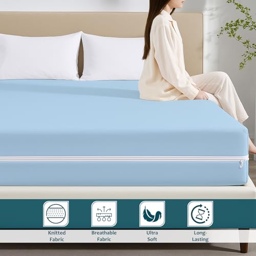 Image of Zipper Closure Style Mattress Protector Single Size 100% Waterproof Six-Sided Mattress Encasement for Bed 48x75 Inch Fit On 6 Inch 4X6.3 Feet Light Blue