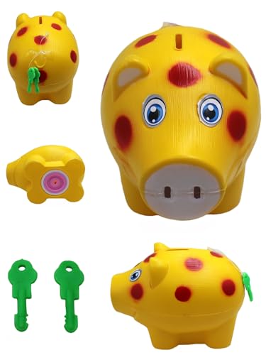 Image of Piggy Bank for Kids with Lock & 2 Keys - Pig-Shaped Polka Dot Coin Bank for Boys & Girls | BIS Certified Plastic Gullak | Money Saving Bank Gift Toddlers 3+ Years | Made in India (Yellow)