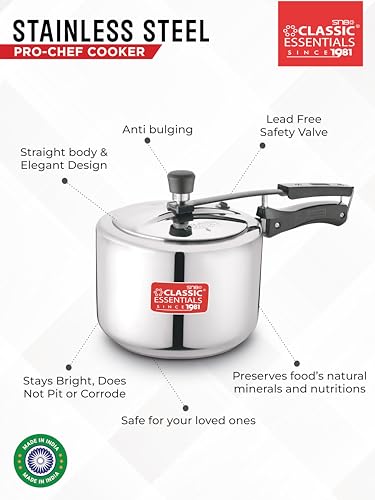 Image of Classic Essentials Prochef Stainless Steel Cooker | ISI Certified Inner Lid Pressure Cooker | Non Reactive, Non Toxic & Non Staining Food Grade Surface | Long Lasting Sealing Gasket (2 liter)