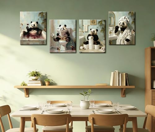 Image of Frimeeme 4 Piece Framed Funny Panda Canvas Wall Art, 8x10 Inch