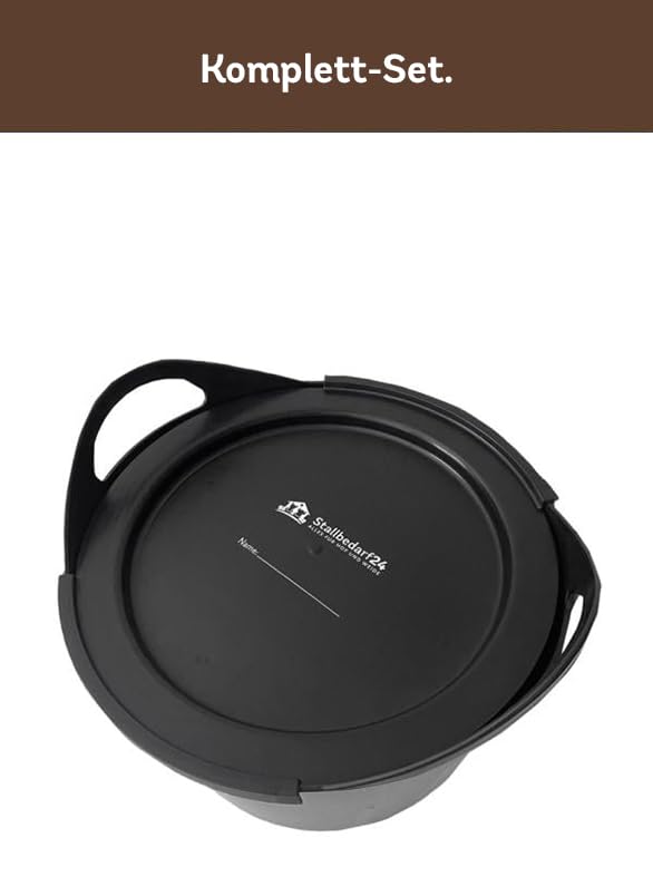 STALLBEDARF24® Flexischale 17 L – Futter- & Wasserschale aus lebensmittelechtem Kunststoff mit Tragegriffen, stapelbar & hygienisch – schwarz (mit Deckel)