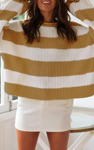 Image of Women's Striped Knitted Pullover Crew Neck Fall Winter Sweater Long Sleeve Color Block Jumper