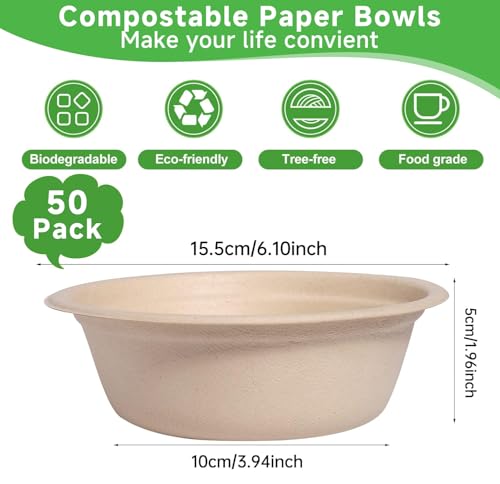 PLMMOUT 50 Pack Compostable Paper Bowls, 16oz Disposable Paper Bowls, Natural Wheatstraw Fiber Compostable Bowl, Heavy-Duty Soup Bowl for Hot or Cold Use, Leakproof & Microwave Safe - Thumbnail 2