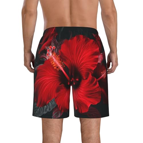 Red Hibiscus Flowers Men's Swim Trunks Quick Dry Board Shorts with Pockets Drawstring Beach Shorts Bathing Suit3