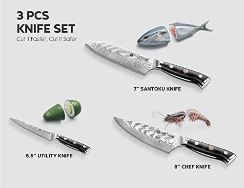 Asety Japanese Knife Set 3 Pcs, Nsf Certified Damascus Kitchen Knife Set With Vg10 Steel Core, Ultra-Sharp Professional Chef Knife Set And Full Tang G10 Handle, Gift Box #TOP5
