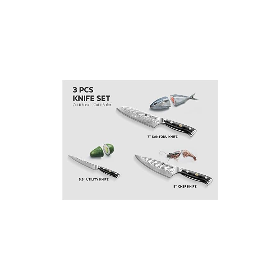 ASETY Damascus Knife Set 3 PCS, NSF Food-Safe Japanese Kitchen Knife Set with VG10 Steel Core, Ultra-Sharp Professional Chef Knife Set and Full Tang G10 Handle, Elegant Box