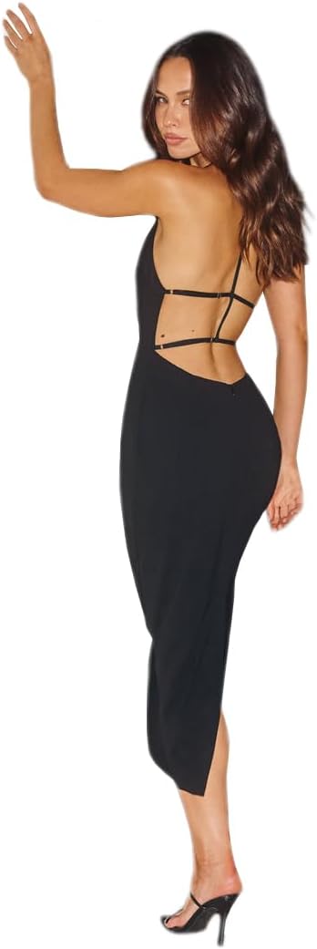 Just Quella Women's Halter Neck Elastic Strapping Low Back Pencil Midi Dress with Large Centre Back Split
