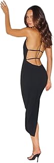 Women's Halter Neck Elastic Strapping Low Back Pencil Midi Dress with Large Centre Back Split
