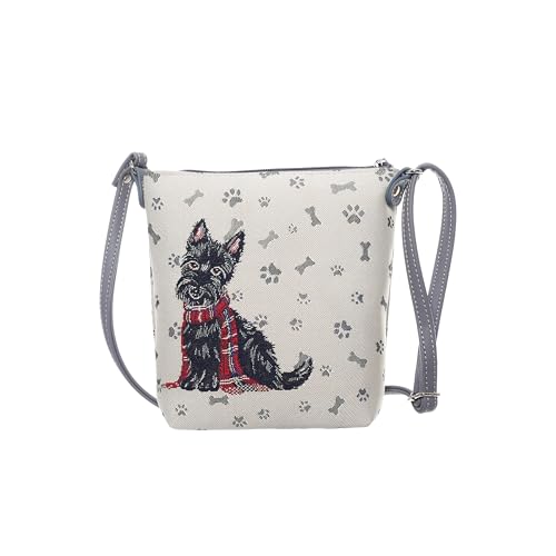 Signare Tapestry Scottish Terrier Bandolera, estampado de patas, correa gris (perro escocés, eslinga-escote), Scottie, Medium