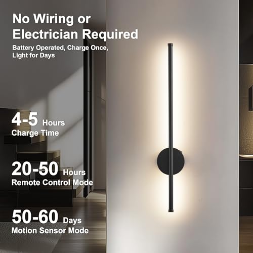 Image of KARTOOSH Black Battery Operated Wall Sconce Set of Two with Motion Sensor | Rechargeable Wireless Wall Lights with Remote Control, Dimmable, 3000K /4000K /6000K, Timer for Living Room, Hallway, 23.6 Inch