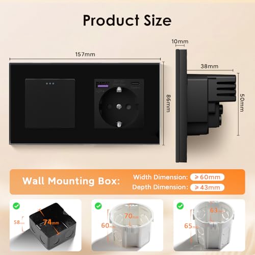 BSEED Lichtschalter mit Steckdose Schuko Unterputz Steckdose mit USB C 20W Schnellladegerät USB Type C 1 Fach 1 Weg Taste Schalter mit Glas Rahmen Wandsteckdose Geeignet für Phone, Pad-Schwarz