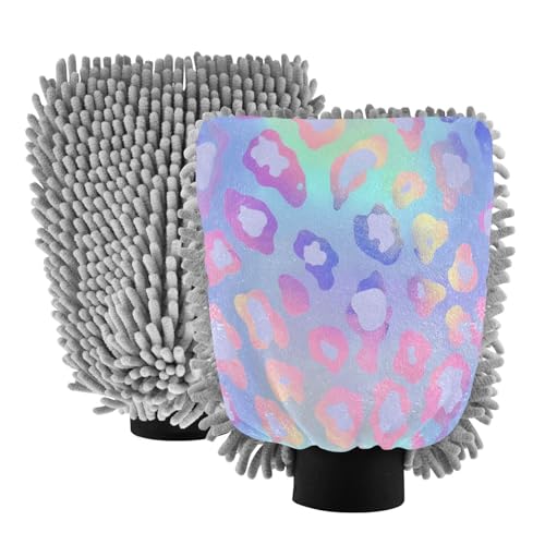ALAZA Cheetah Print Leopard Rainbow Gradient Car Wash Mitt Scratch Free, 2 Pack Absorbent Microfiber/Chenille Washing & Drying Mitts, L