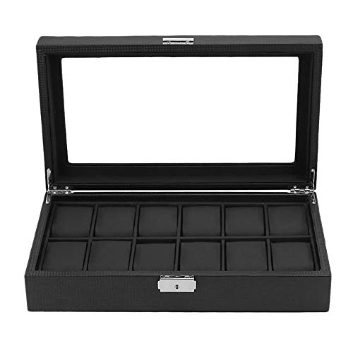 zxz Caja de Reloj de 12 Ranuras, Soporte de Reloj con Tapa de Vidrio, Estuche exhibición de joyería, Caja Almacenamiento joyería, Cuero Fibra, Cierre Metal, Almohada extraíble, para Tienda Cover