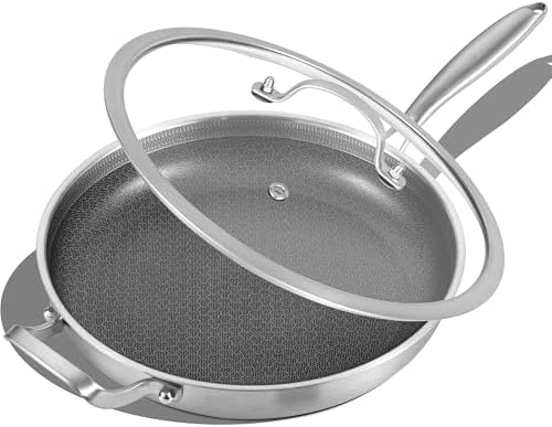 Inqibee 12 Inch Hybrid Nonstick Frying Pan with Lid, Tri-Ply Stai...