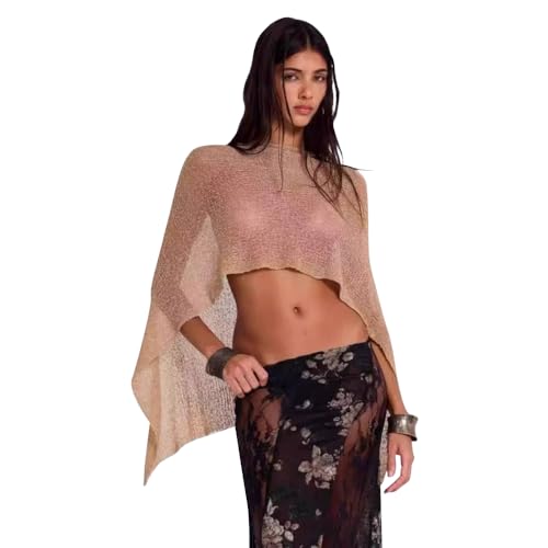 Women Sheer Poncho Top Summer Knit See Through Shrug Sweater Shawl Wrap Beach Cover Up KCSST001 Camel — view 2