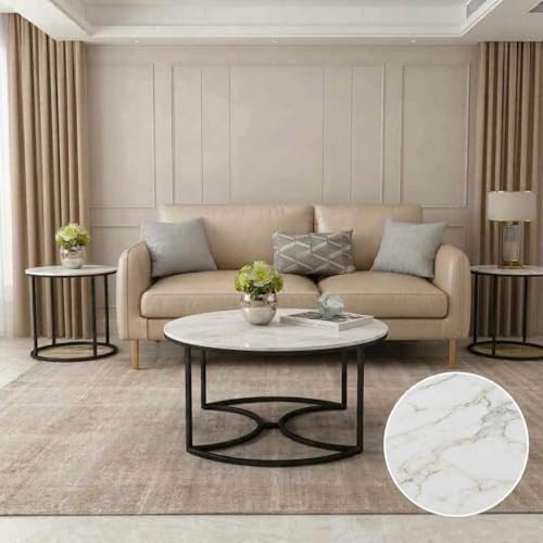 Image of 3 Piece Living Room Table Set, 1 Center Table and 2 End Nesting Tables NO-Tools Assembly Round Stacking Coffee Side Tables for Small Spaces, Nightstand Bedside Table White and Black