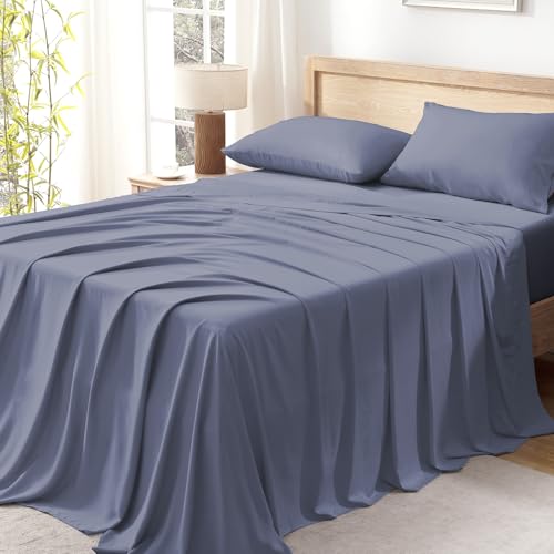 Image of Andency Bluish Grey King Sheets Set 100% Viscose Derived from Bamboo | Cooling Summer Sheets, Deep Pocket Up to 16 inch, Silky Soft Hotel Luxury Breathable Bedding Sheets & Pillowcases