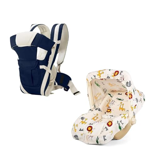 Image of BabyGo Baby Combo : Carry Cot & Rocking Chair with Adjustable Handle + Adjustable Baby Carrier Cum Kangaroo Bag | Safe, Comfortable & Multi-Functional Infant Gear (Beige & Blue)